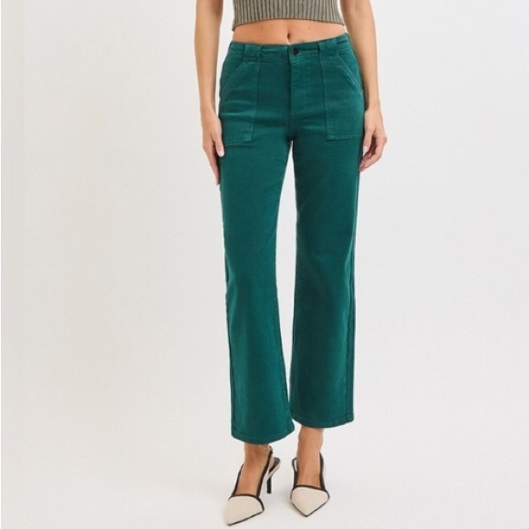 Risen Jeans Denim - Risen High Rise Kick Flare Patch Pocket Jeans Hunter Green Ankle Various NEW